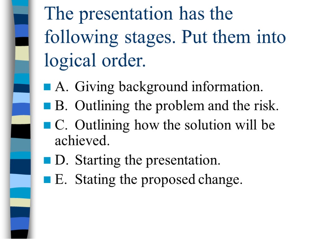 The presentation has the following stages. Put them into logical order. A. Giving background